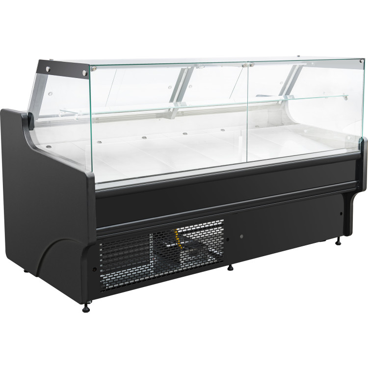 Service au comptoir traiteur. Façade noire. Façade en verre droit. Largeur : 2580 mm | Adexa BLUEL110