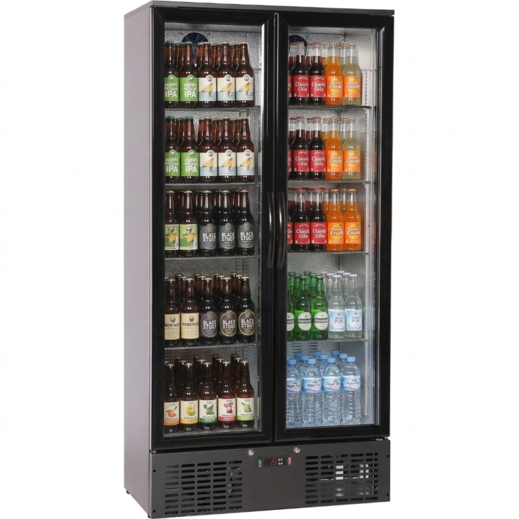Réfrigérateur à bouteilles de bar professionnel vertical à double porte, 470 litres, noir | Adexa LG510H Réfrigérateur à bouteilles de bar professionnel vertical à double porte, 470 litres, noir | Adexa LG510H