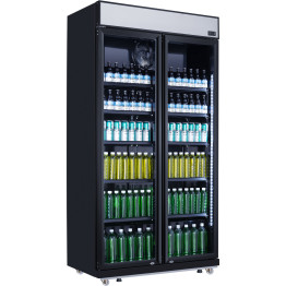 Commercial Refroidisseur de bouteilles Vertical 773 litres Refroidissement par ventilateur Deux portes battantes Auvent noir Lumière | Adexa LG805BBLACK