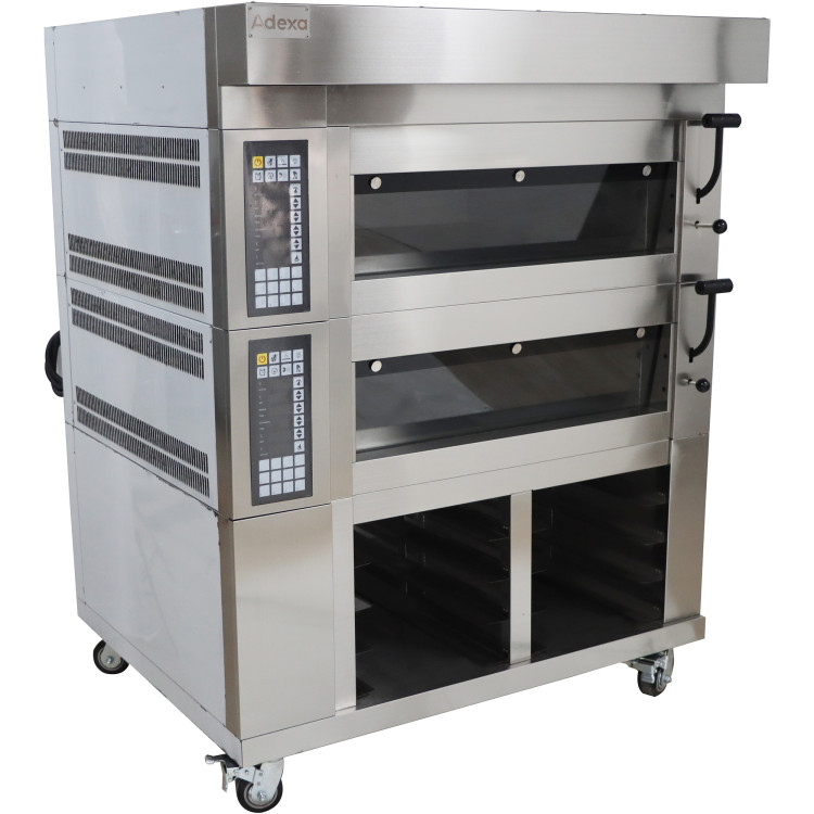 Four de boulangerie électrique commercial européen à 2 étages et 4 plaques avec armoire à palettes et vapeur 380 V 1280 x 1150 x 1750 mm | Adexa LM40DHC