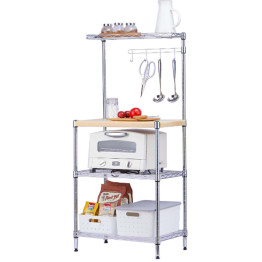 Étagère de rangement de cuisine chromée à 4 niveaux avec plateau en bois 550 x 350 x 1200 mm | Adexa MGA260