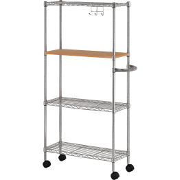 Chariot utilitaire chromé à 4 niveaux avec plateau en bois 600 x 250 x 1200 mm | Adexa MGA266