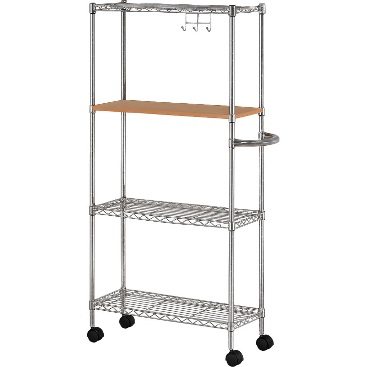 Chariot utilitaire chromé à 4 niveaux avec plateau en bois 600 x 250 x 1200 mm | Adexa MGA266