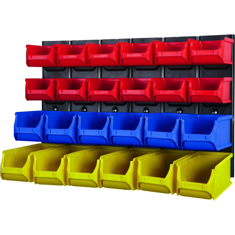 Étagère murale professionnelle à 4 niveaux avec 22 bacs de rangement en plastique, capacité de 50 kg, 635 x 340 mm | Adexa MW2401