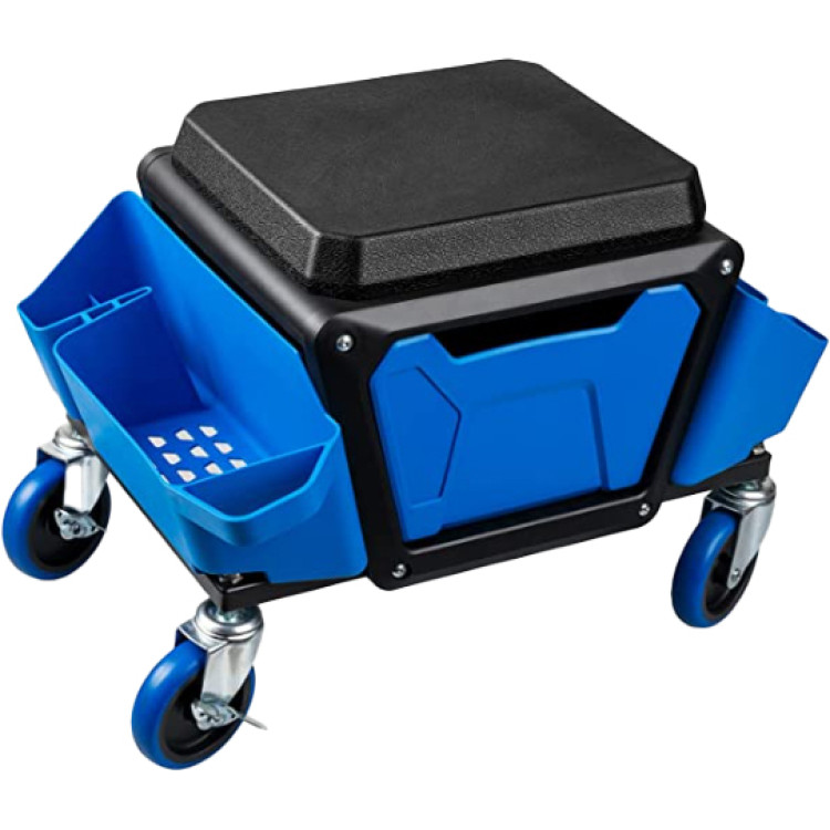 Tabouret roulant d'atelier avec tiroir de rangement pour outils et tablettes latérales, capacité de charge de 150 kg (330 lbs), dimensions : 589 x 269 x 290 mm | Adexa MW901N2
