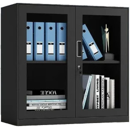 Armoire de rangement commerciale en métal noir, 1 étagère, 2 portes vitrées, 900 x 400 x 900 mm | Adexa MYOC03BLACK