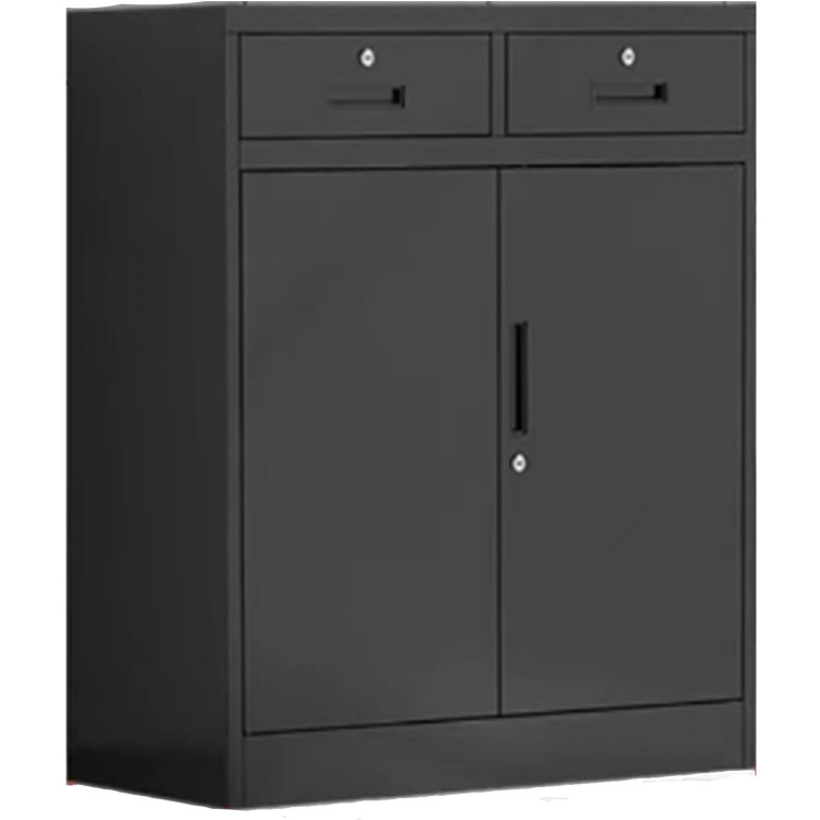 Armoire de rangement commerciale en métal noir, 1 étagère, 2 tiroirs, 2 portes verrouillables, 900 x 400 x 1090 mm | Adexa MYSC03BLACK