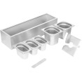 Station de condiments professionnelle avec 2 bacs de 2,5 litres GN 1/6, 3 bacs de 1,1 litre GN 1/9 et 2 distributeurs à pompe en acier inoxydable | Adexa NHGN16B