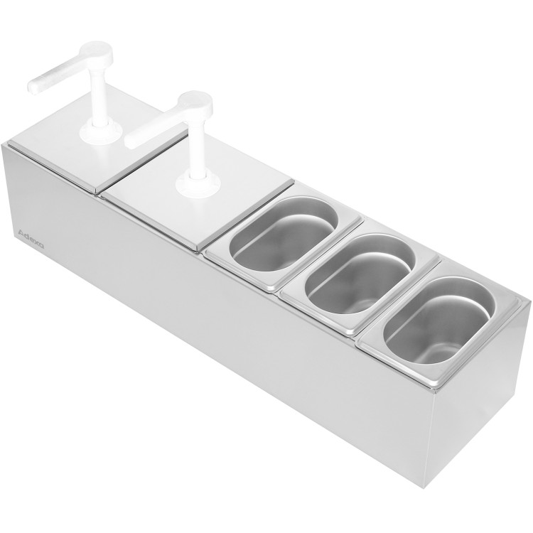 Station de condiments professionnelle avec 2 bacs de 2,5 litres GN 1/6, 3 bacs de 1,1 litre GN 1/9 et 2 distributeurs à pompe en acier inoxydable | Adexa NHGN16B