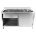 Évier commercial en acier inoxydable à 1 cuve avec dosseret et 2 portes, dimensions : 1500 x 600 x 850 + 100 mm | Adexa PSD150602D