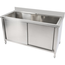 Évier commercial en acier inoxydable à 1 cuve avec dosseret et 2 portes, dimensions : 1500 x 600 x 850 + 100 mm | Adexa PSD150602D