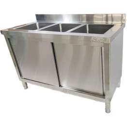 Évier commercial en acier inoxydable de qualité B avec placard et dosseret, 3 bacs, 1500 x 600 x 850 mm | Adexa QNH1010 B GRADE 