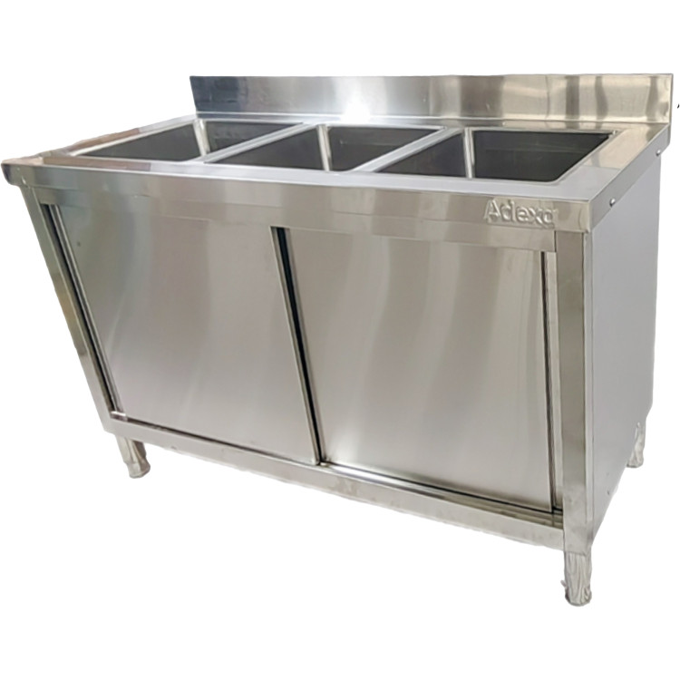 Évier commercial en acier inoxydable de qualité B avec placard et dosseret, 3 bacs, 1500 x 600 x 850 mm | Adexa QNH1010 B GRADE 