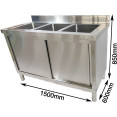 Évier commercial en acier inoxydable de qualité B avec placard et dosseret, 3 bacs, 1500 x 600 x 850 mm | Adexa QNH1010 B GRADE 