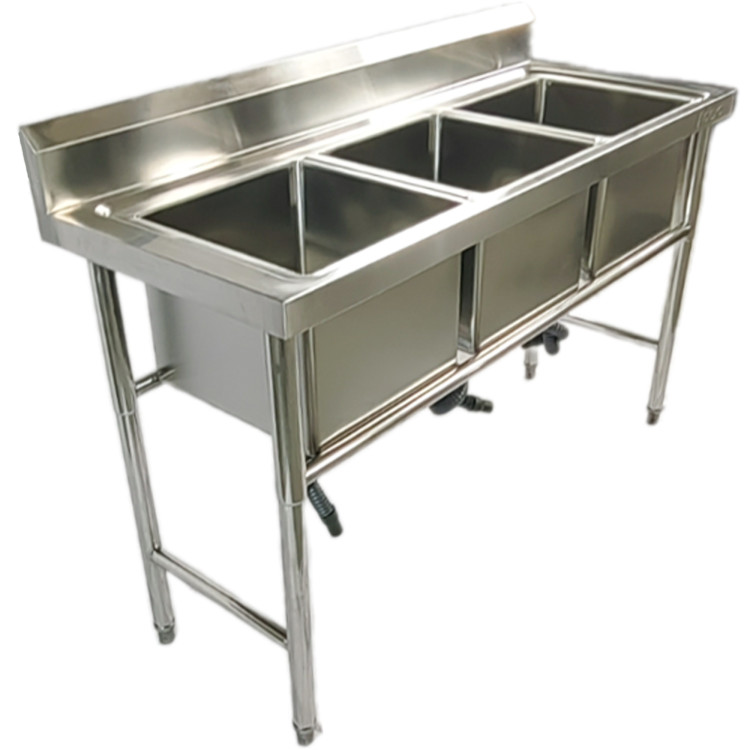 Évier triple commercial en acier inoxydable avec dosseret et support 1800 x 700 x 850 mm | Adexa QNH708