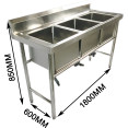 Évier triple commercial en acier inoxydable avec dosseret et support 1800 x 600 x 850 mm | Adexa QNH704