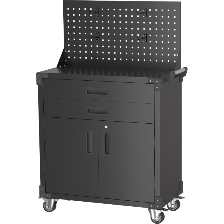 Armoire à outils mobile professionnelle en acier noir, 2 portes, 2 tiroirs, panneau perforé, 800 x 420 x 1320 mm | Adexa SART224