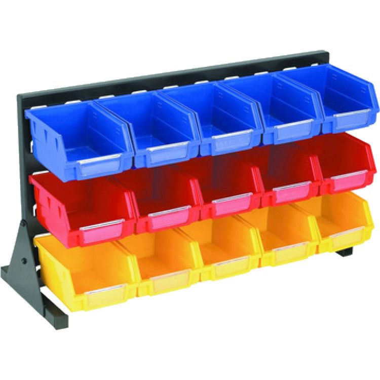 Étagère de rangement professionnelle à 3 niveaux en acier, sur pied, avec 15 bacs amovibles, capacité de 45 kg, dimensions : 530 x 250 x 330 mm | Adexa SBRT2015