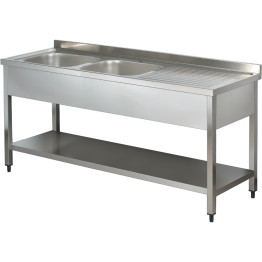 Évier commercial en acier inoxydable, 2 cuves, étagère inférieure gauche, dosseret, 1400 x 600 x 950 mm | Adexa YLS146BL2
