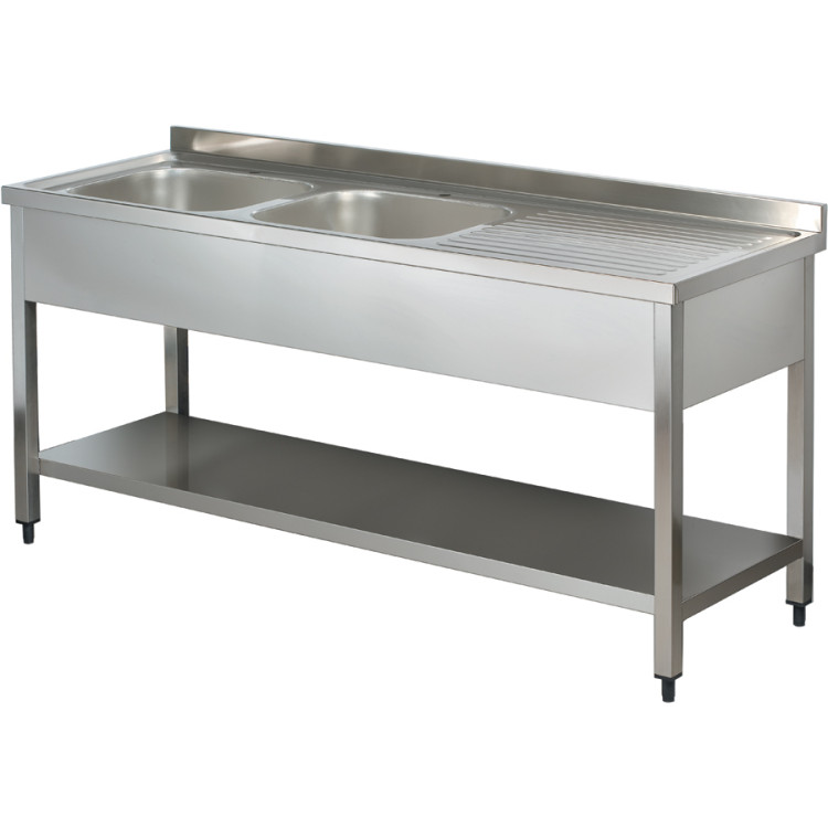 Évier commercial en acier inoxydable, 2 cuves, étagère inférieure gauche, dosseret, 1800 x 600 x 950 mm | Adexa YLS186BL2