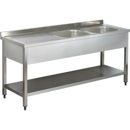 Évier commercial en acier inoxydable, 2 cuves, étagère inférieure droite, dosseret, 1400 x 600 x 950 mm | Adexa YLS146BR2
