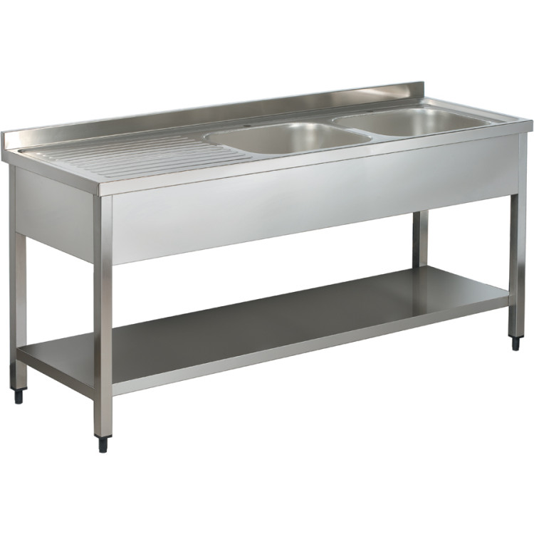 Évier commercial en acier inoxydable, 2 cuves, étagère inférieure droite, dosseret, 1600 x 600 x 950 mm | Adexa YLS166BR2