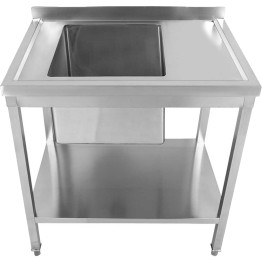 Table d'évier professionnelle en acier inoxydable 1000 x 700 x 950 mm, 1 bac à gauche, avec dosseret et étagère inférieure | Adexa STD1070L