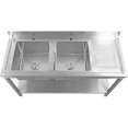 Évier commercial en acier inoxydable 1800 x 700 x 900 mm, 2 cuves à droite, avec égouttoir, dosseret et étagère inférieure | Adexa STT1870R