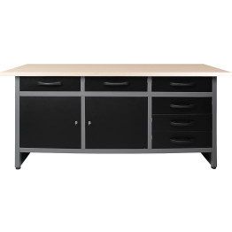 Établi d'atelier professionnel gris et noir avec bureau en bois de 30 mm 6 tiroirs et 2 portes verrouillables 1600x600x850 mm | Adexa TC008