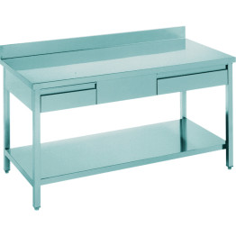 Table de travail professionnelle de qualité B, 2 tiroirs, étagère inférieure en acier inoxydable, rehausse, 1400 x 600 x 900 mm | Adexa THATS146A2D, qualité B