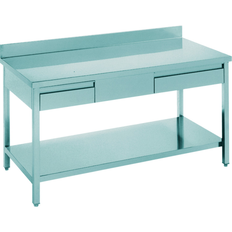 Table de travail professionnelle de qualité B, 2 tiroirs, étagère inférieure en acier inoxydable, rehausse, 1400 x 600 x 900 mm | Adexa THATS146A2D, qualité B