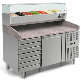 Table de préparation de pizzas à 1 porte et 7 tiroirs, présentoir de comptoir 7xGN1/4 | Adexa THPZ1610TN+PT15 Table de préparation de pizzas à 1 porte et 7 tiroirs, présentoir de comptoir 7xGN1/4 | Adexa THPZ1610TN+PT15