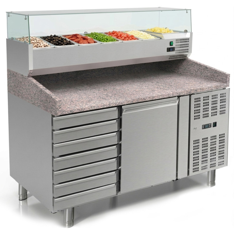 Table de préparation de pizzas à 1 porte et 7 tiroirs, présentoir de comptoir 7xGN1/4 | Adexa THPZ1610TN+PT15