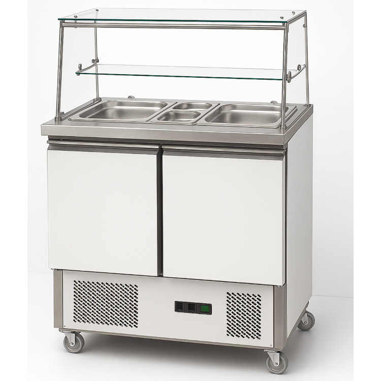 Comptoir à salades professionnel avec vitrine en verre 240 L, 2 portes, 900 x 700 x 1285 mm | Adexa THS900FVG