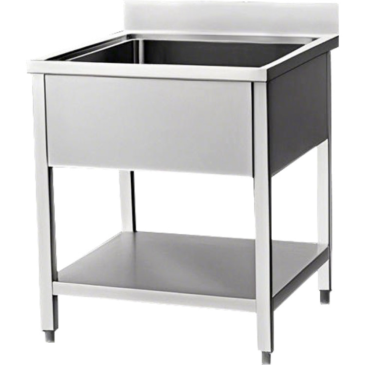 Évier commercial en acier inoxydable à 1 cuve avec étagère inférieure et dosseret, dimensions : 700 x 600 x 950 mm | Adexa VS76BS