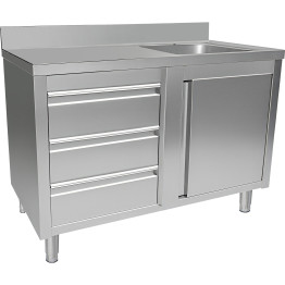 Évier professionnel avec placard et 3 tiroirs, 1 cuve, dosseret à droite, inox, dimensions : 1200 x 600 x 950 mm | Adexa VSC126RBS3LD