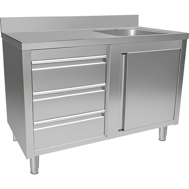 Évier professionnel avec placard et 3 tiroirs, 1 cuve, dosseret à droite, inox, dimensions : 1200 x 600 x 950 mm | Adexa VSC126RBS3LD
