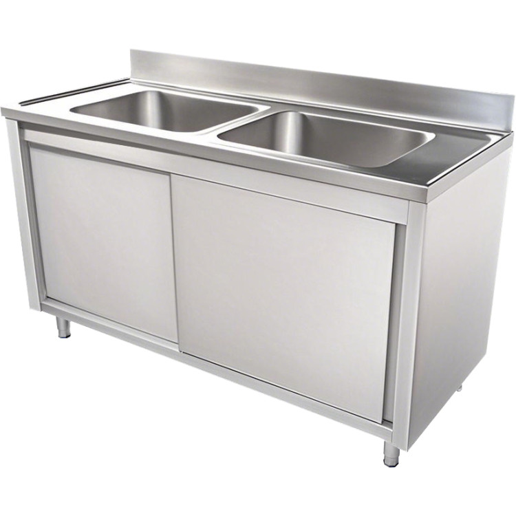 Évier commercial avec placard, 2 bacs, dosseret central en acier inoxydable, 1400 x 700 x 950 mm | Adexa VSC147BT