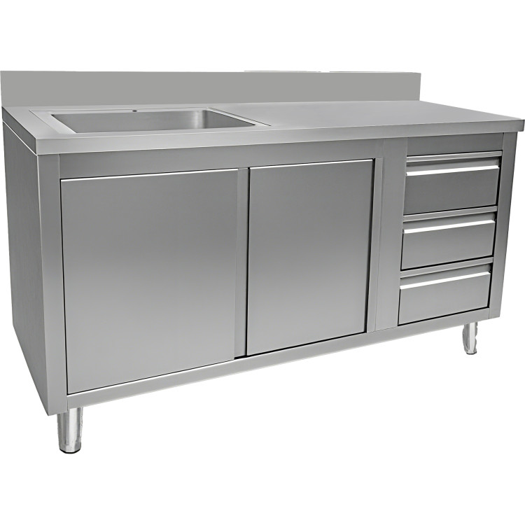 Évier commercial avec placard et 3 tiroirs, 1 cuve, dosseret à gauche, inox, dimensions : 1500 x 600 x 950 mm | Adexa VSC156LBS3RD