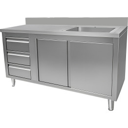 Évier professionnel avec placard et 3 tiroirs, 1 cuve, dosseret à droite, inox, dimensions : 1500 x 600 x 950 mm | Adexa VSC156RBS3LD