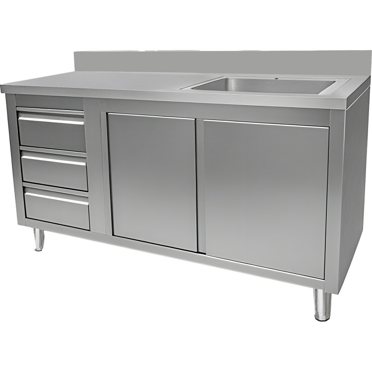 Évier professionnel avec placard et 3 tiroirs, 1 cuve, dosseret à droite, inox, dimensions : 1500 x 600 x 950 mm | Adexa VSC156RBS3LD