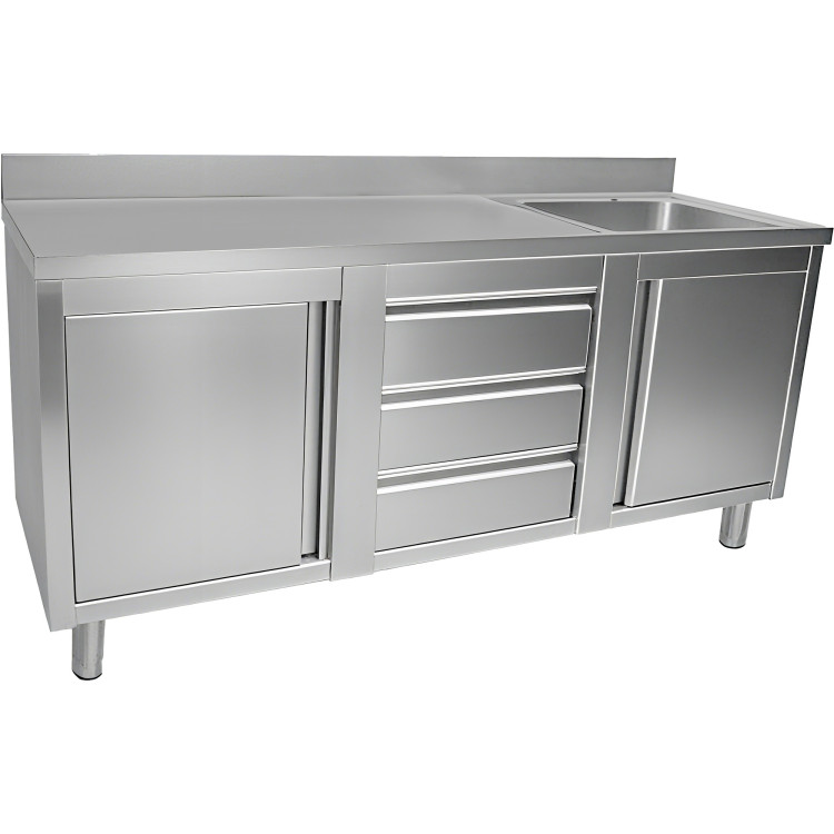 Évier commercial avec 2 placards et 3 tiroirs, 1 cuve, dosseret à droite, inox, dimensions : 1800 x 600 x 950 mm | Adexa VSC186RBS3MD