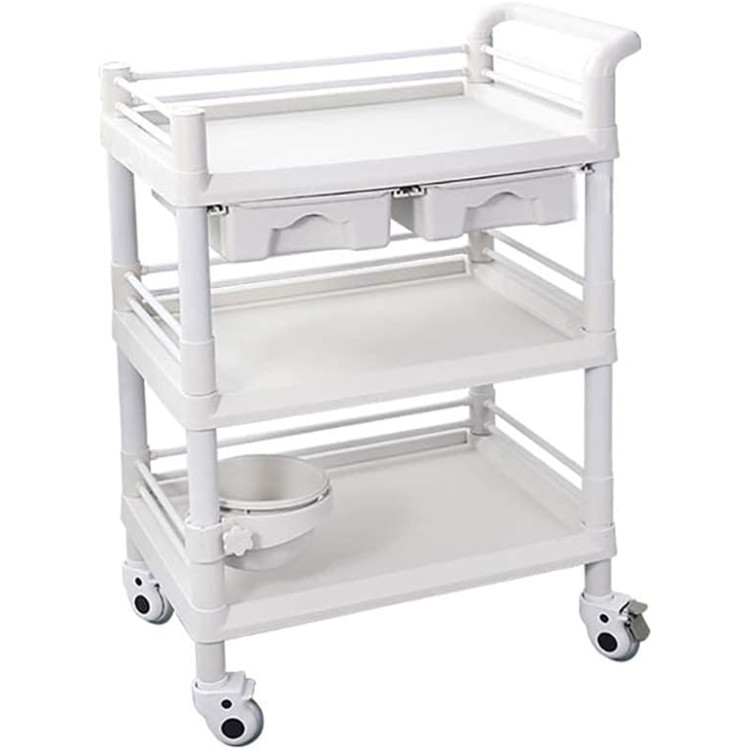 Chariot médical mobile professionnel à 3 niveaux et 2 tiroirs en ABS 750 x 530 x 980 mm | Adexa WH3LT7553D2