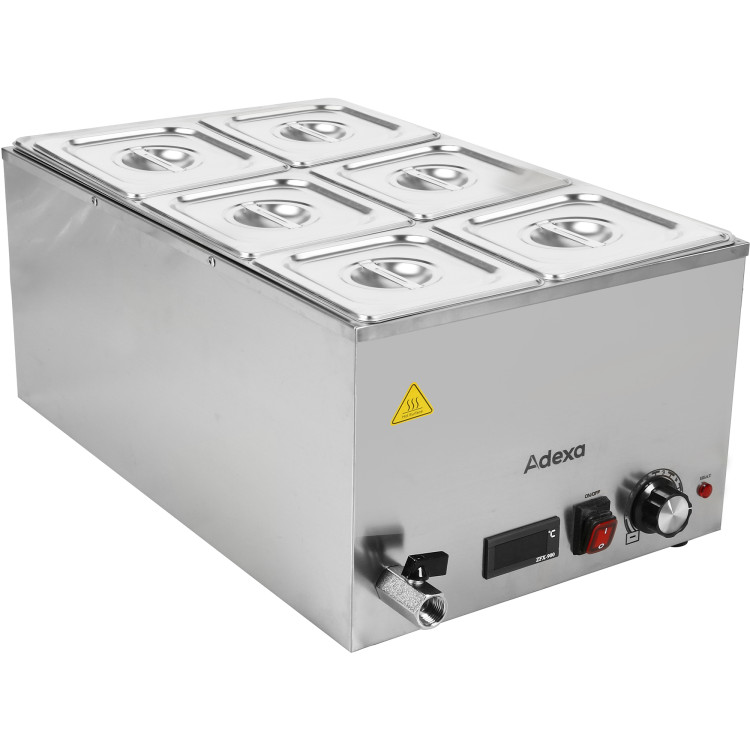 Bain-marie professionnel comprenant 6 bacs GN 1/6 avec couvercle, commande numérique et robinet de vidange | Adexa WH7066CT16
