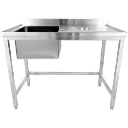 Évier commercial simple en acier inoxydable avec cuve à gauche et trou de raclage à droite + dosseret 1200 x 600 x 950 mm | Adexa WHSTD1260L