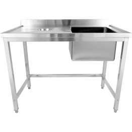 Évier commercial simple en acier inoxydable avec cuve à droite et trou de raclage à gauche + dosseret 1200 x 600 x 950 mm | Adexa WHSTD1260R
