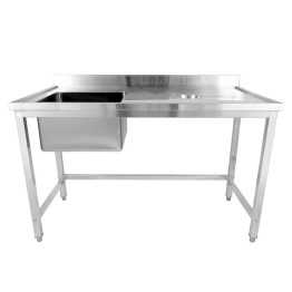 Évier commercial simple en acier inoxydable avec cuve à gauche et trou de raclage à droite + dosseret 1500 x 600 x 950 mm | Adexa WHSTD1560L
