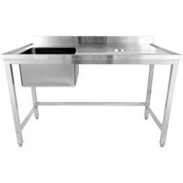 Évier commercial simple en acier inoxydable avec cuve à gauche et trou de raclage à droite + dosseret 1500 x 700 x 950 mm | Adexa WHSTD1570L