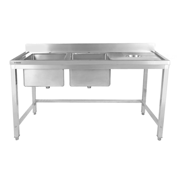 Évier double professionnel en acier inoxydable avec 2 bacs à gauche et trou de raclage à droite + dosseret 1500 x 600 x 950 mm | Adexa WHSTT1560L