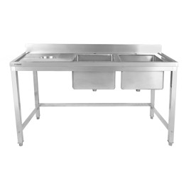 Évier double commercial en acier inoxydable avec 2 cuves à droite et trou de raclage à gauche + dosseret 1500 x 600 x 950 mm | Adexa WHSTT1560R